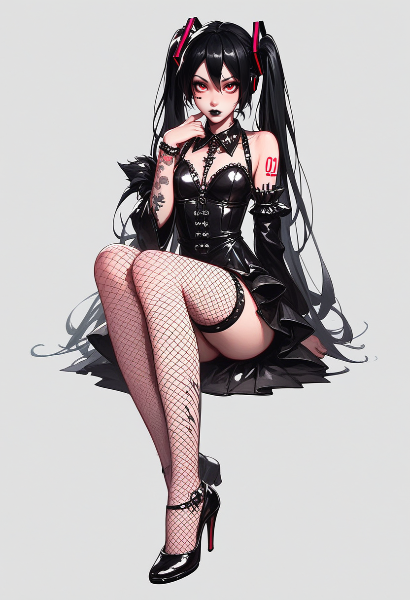 score_9, score_8_up, score_7_up, Goth girl, 1girl, hatsune miku, black lips, black hair, gothic outfit, red eyes, gray background, closed mouth, tattoo, full body, fishnet stockings, (siting), heels, looking at viewer, <lora:add-detail-xl:0.4> , <lora:[GP] somethingweird [Pony XL]:0.2>, <lora:g0th1cPXL:0.3>, <lora:Goth_girl_XL-v2:0.8> ,<lora:st4t1ctvXLP:0.8> , <lora:raichiyo33XLP:0.8>