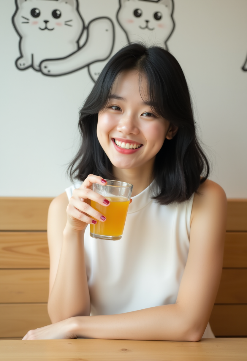 Photograph of a 18yo korea woman seated at a wooden table in a modern café. She has shoulder-length black hair and is wearing a sleeveless white dress. She holds a clear, yellow-colored beverage in a glass, with a cheerful and gentle expression on her face. The background features a drawing of a cat on the wall, contributing to the whimsical and inviting ambiance of the café. The lighting is soft and natural, giving the image a warm and friendly tone. The composition is well-balanced, focusing on her relaxed pose and engaging smile.