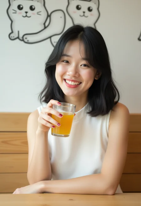 Photograph of a 18yo korea woman seated at a wooden table in a modern café. She has shoulder-length black hair and is wearing a sleeveless white dress. She holds a clear, yellow-colored beverage in a glass, with a cheerful and gentle expression on her face. The background features a drawing of a cat on the wall, contributing to the whimsical and inviting ambiance of the café. The lighting is soft and natural, giving the image a warm and friendly tone. The composition is well-balanced, focusing on her relaxed pose and engaging smile.
