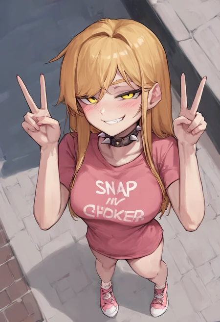 (score_9), score_8_up, score_7_up, score_6_up, source_anime, (snap my choker \(phrase\):1.2), t-shirt, fuck-me shirt, choker, collar, spiked collar, standing, from above, looking at viewer, blush, smug, looking at viewer, v, double v, golden hair, yellow eyes, long hair, straight hair, medium breasts, foreshortening, sneakers, sidewalk, skirt, <lora:ponyxl-snap_my_choker-concept-v01:1>