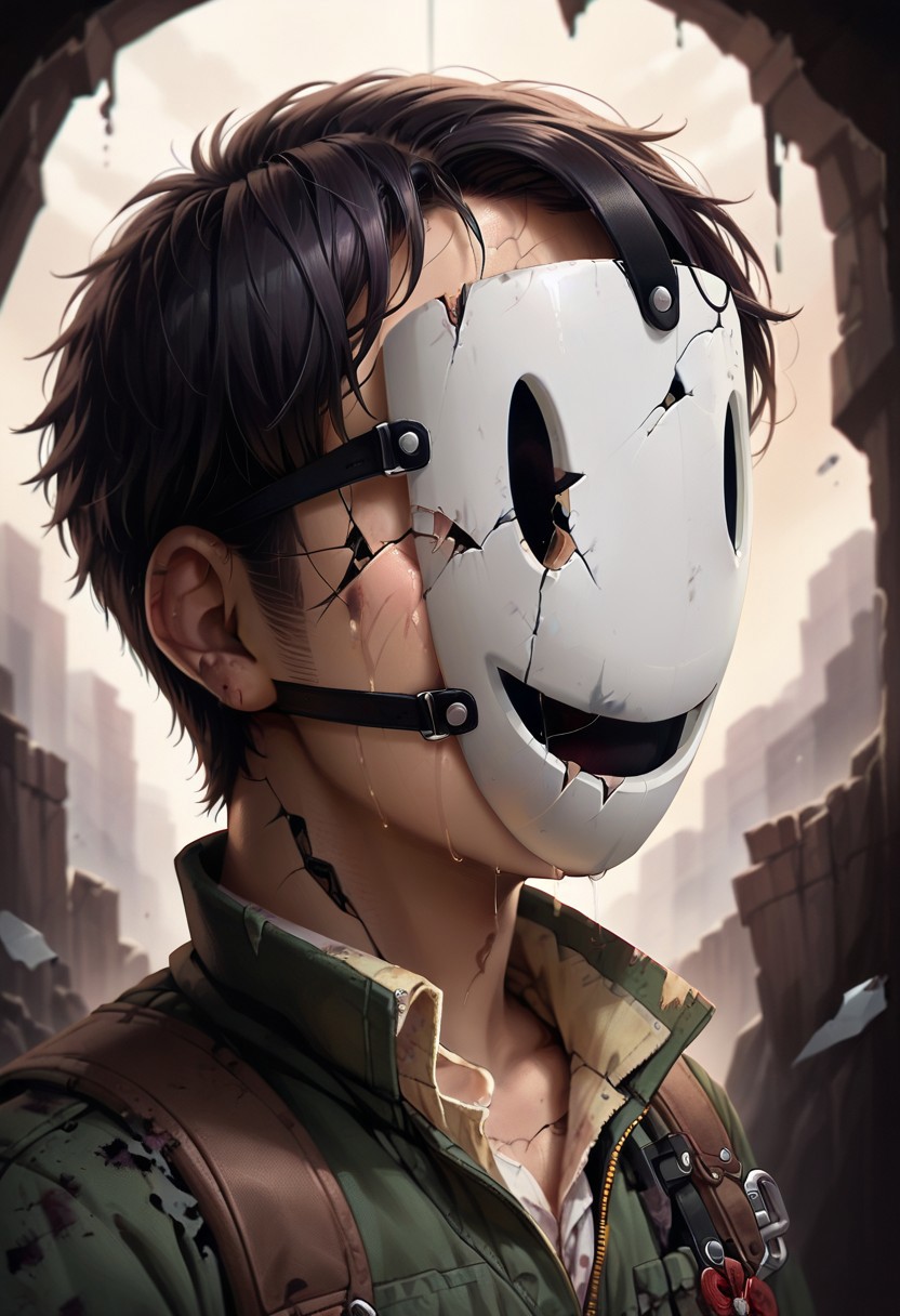 score_9, score_8_up, score_7_up, source_anime, 1boy, older man, 45 years old, (((brown skin))), black hair with gray streaks, (((undercut messy bun hair))), sides of head shaved, cr@ckedp0rcelainT2, mask, blacked out mouth, (((heavily cracked mask))), massively broken mask, war torn mask, masked heavily damaged from battle, pieces falling off of mask, detailed cracked skin, cry, crying eyes behind mask, pained eyes behind mask, tears coming down, tears overflowing,😢, tears fall from behind mask, one hand removing mask from face, lifting mask off of face, tactical gear, bullet proof vest, military, dark, low-key, chiaroscuro,