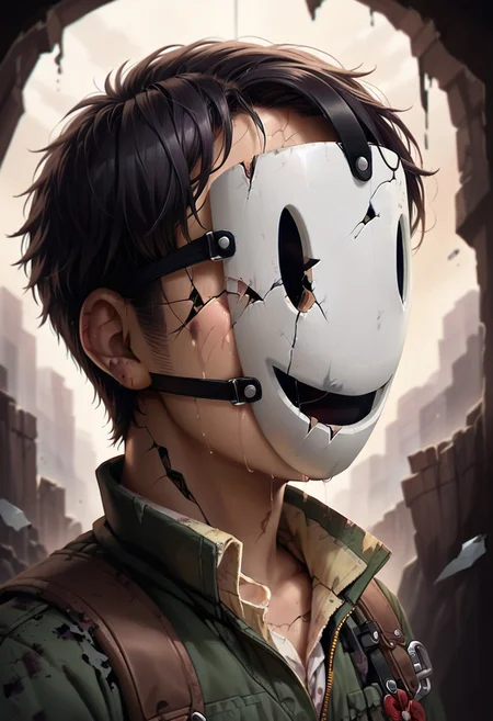 score_9, score_8_up, score_7_up, source_anime, 1boy, older man, 45 years old, (((brown skin))), black hair with gray streaks, (((undercut messy bun hair))), sides of head shaved, cr@ckedp0rcelainT2, mask, blacked out mouth, (((heavily cracked mask))), massively broken mask, war torn mask, masked heavily damaged from battle, pieces falling off of mask, detailed cracked skin, cry, crying eyes behind mask, pained eyes behind mask, tears coming down, tears overflowing,😢, tears fall from behind mask, one hand removing mask from face, lifting mask off of face, tactical gear, bullet proof vest, military, dark, low-key, chiaroscuro,