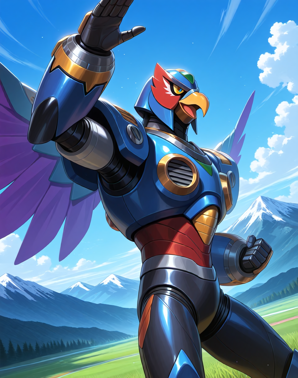 <lora:Storm_Eagle_(Mega_Man_X)_(Illustrious)_(AD):1> Storm Eagle, reploid, MMX, 
((
exterior, blue sky with clouds, mountain valley, grassy valley, 
dutch angle, dynamic action, cowboy shot, 
male focus, intense shadows, dynamic shadows, intricate details, attention to details, gradient coloring, robot, beak, bright vivid colors, deep metallic colors, glossy metal body, wings, fighting stance, 
):1.5), 
BREAK very awa, masterpiece, best quality, amazing quality, very aesthetic, highres, absurdres, 
EZRealPONYXL, zPDXL, Smooth Quality, lazynsfw,