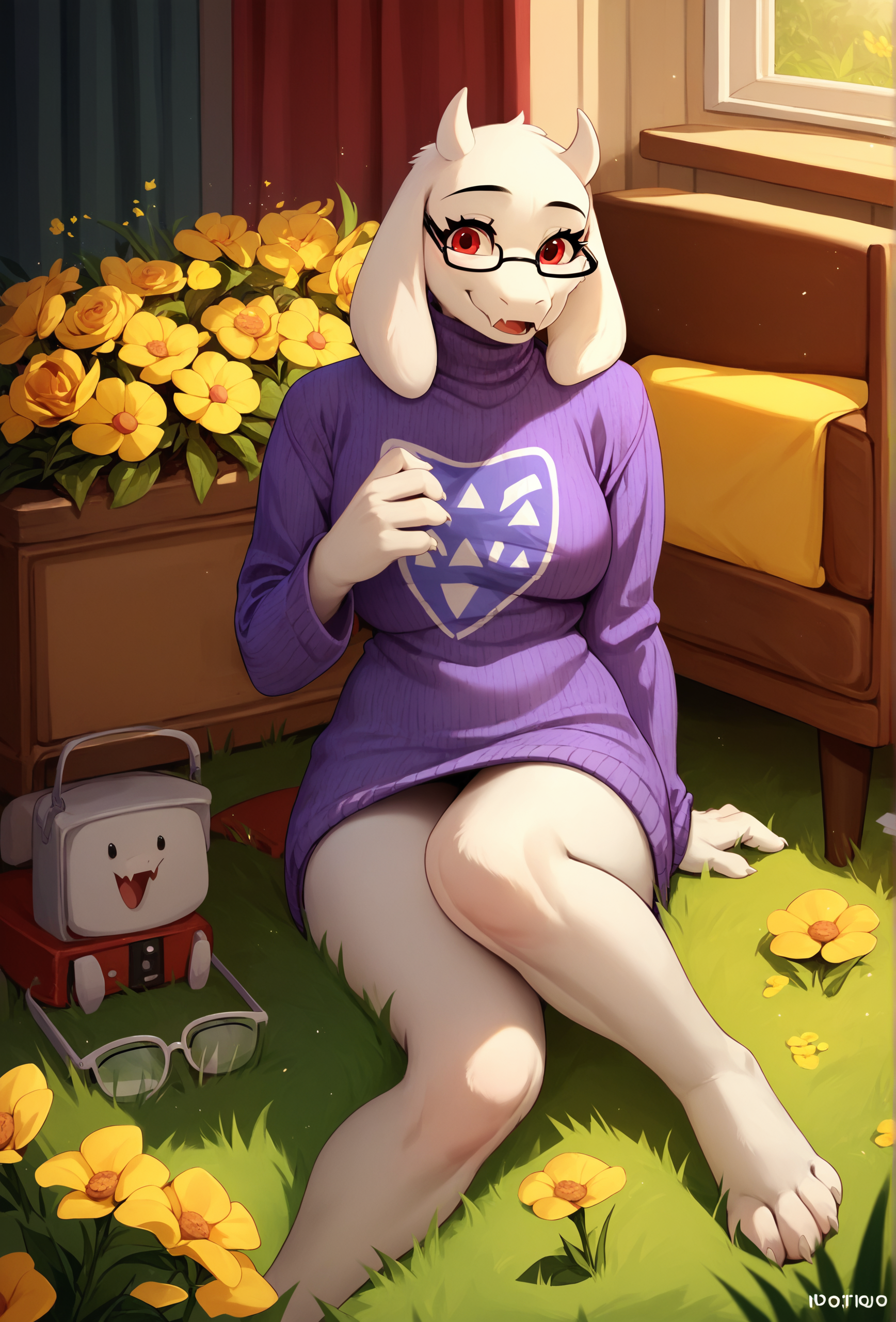 score_9, score_8_up, score_7_up, score_6_up, score_5_up, score_4_up,  <lora:cabronpr_style_ponyXL_v1.3:1> cabronpr, hotel room,
1girl, furry, toriel, purple sweater, barefoot, red eyes, glasses, smile, yellow flowers, grass