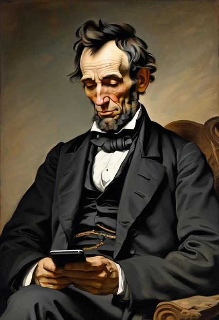 detailxl, high quality, intricate, painting of,
( man, closed eyes, looking down at smartphone-tablet:1.25),
(abraham lincoln:0.75),
sitting, front view,
(indoor background),
(by Theodore Gericault:1.3)