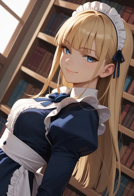 (score_9, score_8_up, score_7_up), 1girl, solo,blonde hair, blue eyes, long hair, hime cut, long bangs, small breasts, maid dress, 
(face focus, close-up:1.3),  standing, library, private study, sunset,, thighs, wide hips,
(leaning back, arched back, dutch angle:1.2), 
(smug:1.2),