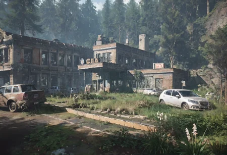 ,ruanyi0763,outdoors,tree,building,ruins,<lora:0763 post apocalypse_v1_pony:1>, score_9,score_8_up,score_7_up,,8k,1girl,solo,