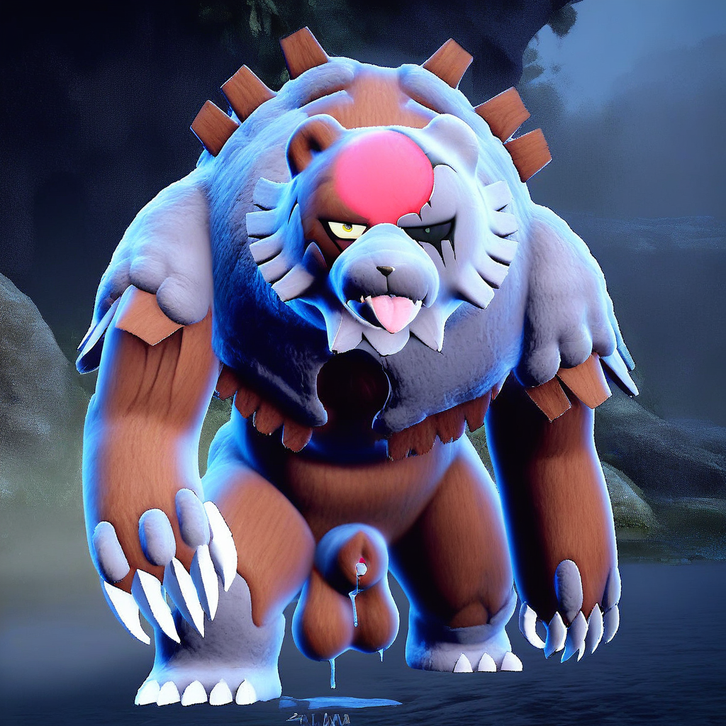 score_7_up, score_8_up, anime, bloodmoon_ursaluna, hunched over, red circle on head, different colored eyes, looking at viewer, claws, dripping wet, penis sheath, wet fur, saggy testicles, tongue out, fierce expression, dynamic, dynamic scene, cinematic, nighttime, moonlight, swamp setting, fog, mist,