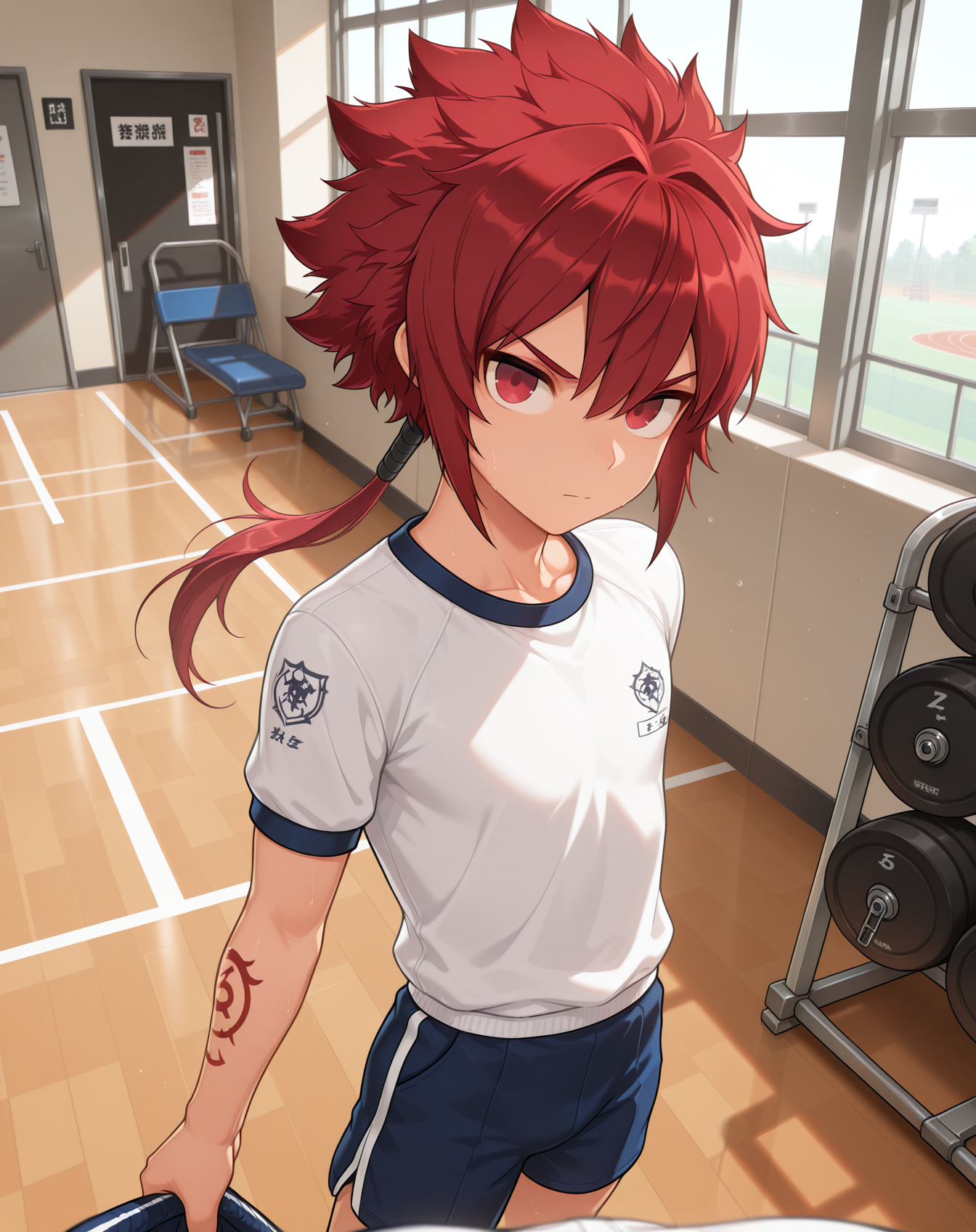 masterpiece,best quality,amazing quality, newest, very aesthetic, absurdres,
1boy, solo, yaoi, male focus, looking at viewer, cowboy shot, standing,
<lora:Elsword_Rune_Slayer_ilxl:1> elswordrs, red hair, red eyes, arm tattoo, spiked hair, ponytail, long hair,
gym uniform, gym shorts, gym shirt,
indoors, gym,