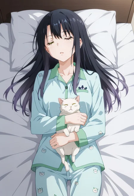 score_9, score_8_up, score_7_up, score_6_up, score_5_up, score_4_up, detailed eyes, (detailed skin:1.8), source_anime, masterpeice, best quality, very aesthetic, absurdres, best lighting, cg coloring, soft lighting, soft shading, BREAK,1girl, Yotsuya_Miko, yellow_eyes, black_hair, long_hair, gradient_hair, medium_breasts,
BREAK, yellow_eyes, black_hair, long_hair, gradient_hair, medium_breasts, BREAK, pajama, pajamas, pajama pants, BREAK, bed, in bed, BREAK, sleeping, eyes closed, peacefully, cat, cuddling with cat, BREAK,