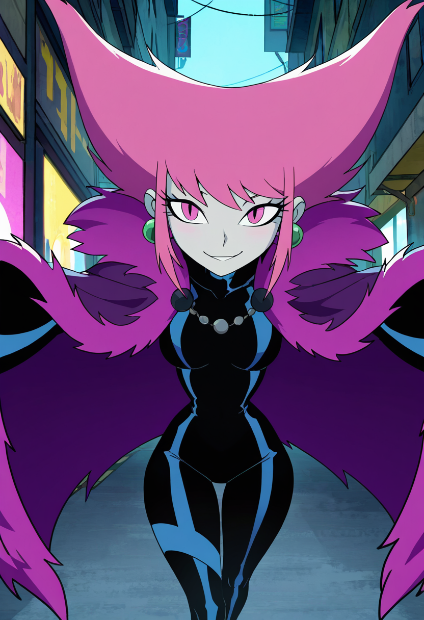 masterpiece, best quality, solo, curvy, beautiful eyes,  narrow waist, wide hips,  jnx, pink eyes, pink hair, grey skin, hair up, pale skin, medium hair, hair horns, short hair, colored skin, smile, looking at viewer,   ,       <lora:JinxTT_IXL:0.8>,   dynamic angle, foreshortening, close up, [Fur-Lined Attitude], Voluminous fur coat draped open, thigh-high boots, sleek bodysuit beneath, statement earrings, Framed in a moody cowboy shot, walking with swagger through an empty urban street under dramatic lighting and winter winds.