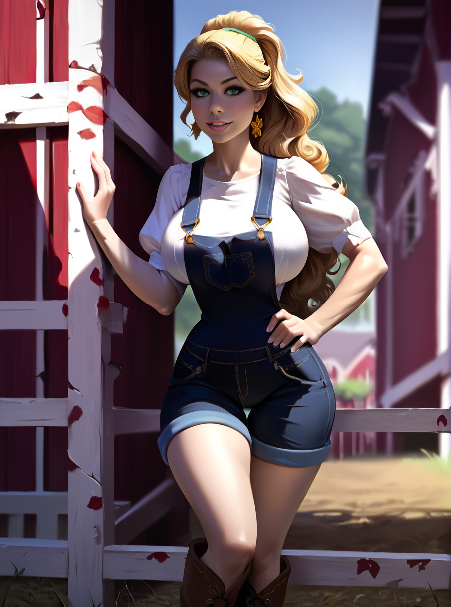 source_anime, figure style,  Masterpiece, score_9, score_8_up, score_7_up, highly detailed, ultra-realistic, soft twilight lighting, 8k resolution, photorealistic, intricate details, medium shadows, lens flare, portrait shot, farm girl, farm,
BREAK
1girl named Daisy Mae Gaines, a beautiful, stunning, blonde woman, voluptuous, curvy, with huge breasts, narrow waist, wide hips, thick thighs, a big ass, long wavy ponytail, green eyes, big eyes, black makeup, big smile,
BREAK
wearing overalls, cowboy boots
BREAK
<lora:add_details_xl:0.8>
<lora:incase-ilff-v3-4:0.8>
<lora:bubble_butt_v3-sdxl-LoRA:0.8>
<lora:envyStarlightDigital_v10:0.628>
<lora:Beautiful face_alpha1.0_rank4_noxattn_last:0.8>