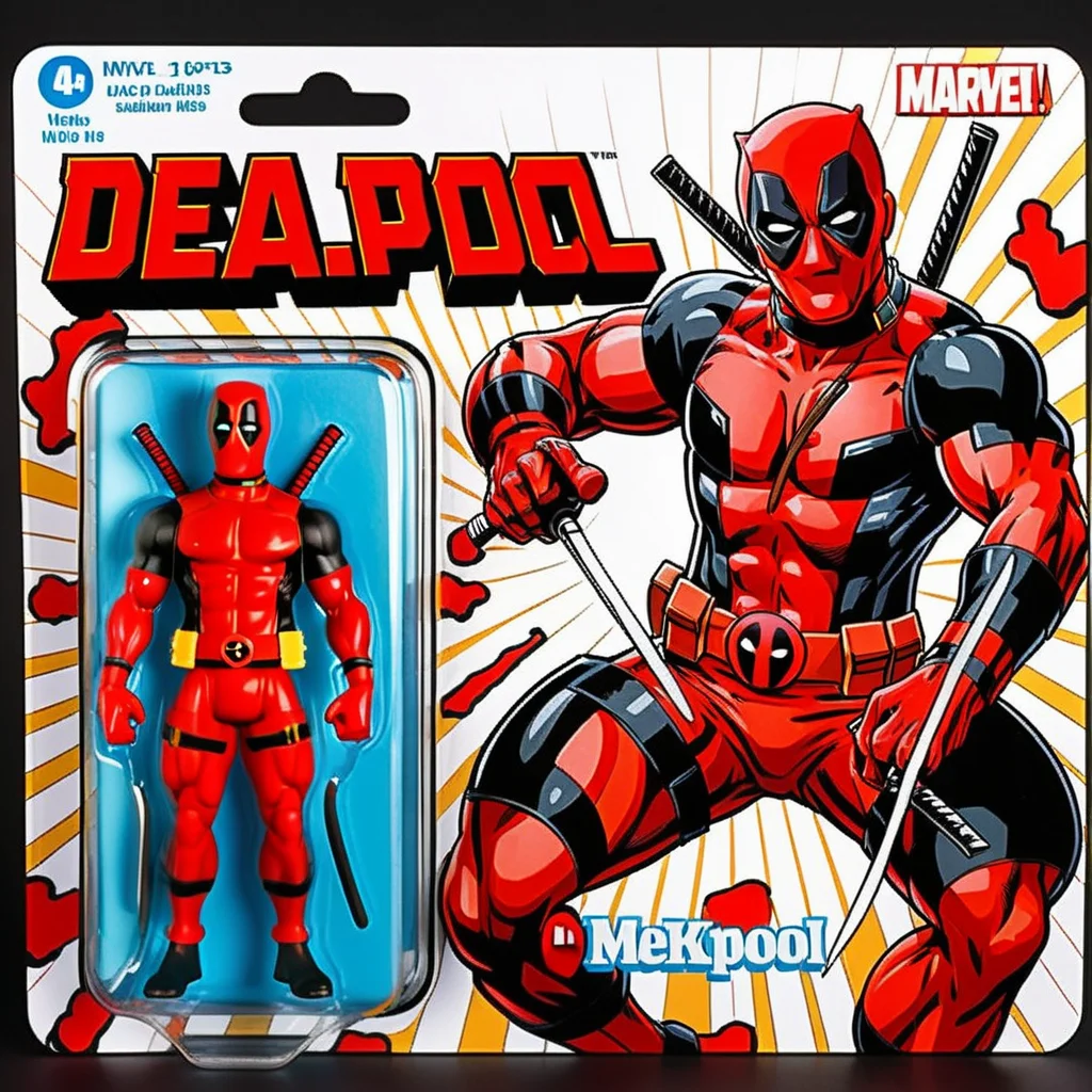A photorealistic image of a Deadpool action figure in its original packaging. The box is vivid and colorful, prominently featuring a cartoon illustration of Deadpool in his signature red and black suit, striking a playful pose. Next to the illustration, a clear plastic window reveals the action figure, meticulously detailed and posed identically to the cartoon Deadpool. The background of the packaging is a mix of comic-style explosions and witty catchphrases, typical of Deadpool's humorous and irreverent style <lora:gonza:0.75>