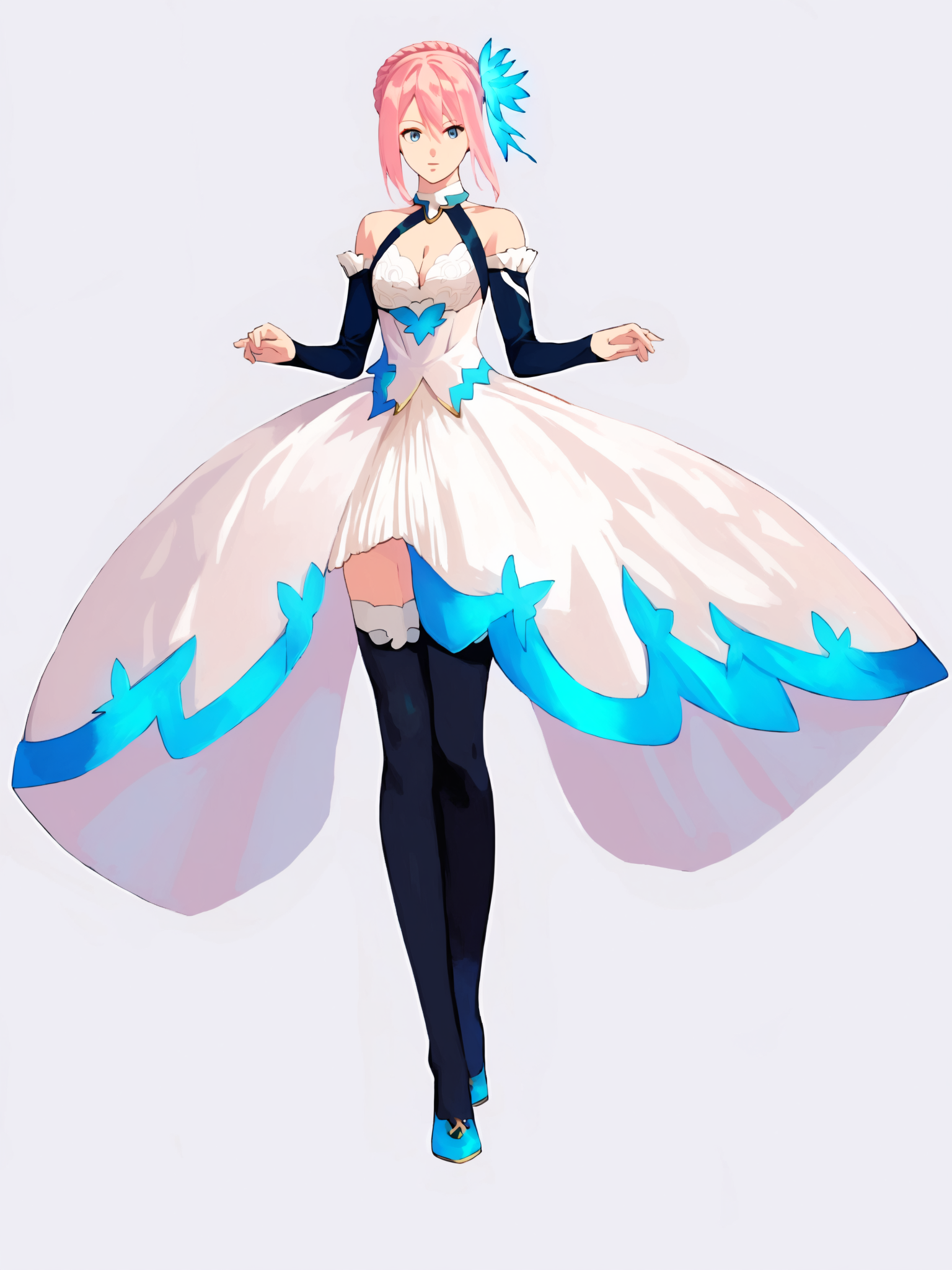 score_9, Score_8_up, Score_7_up, Score_6_up, masterpiece,  best quality, very aesthetic,  <lora:Shionne_V2:1>  15 shionne 01b weddingdress, shionne 01b, pale skin, long hair, (blue eyes), wedding dress 1girl, solo, breasts, 1Girl, hair ornament, thighhighs, dress, bare shoulders, full body, pink hair, braid, detached sleeves, black thighhighss   <lora:detailed_backgrounds_v2:0.6> scenery,