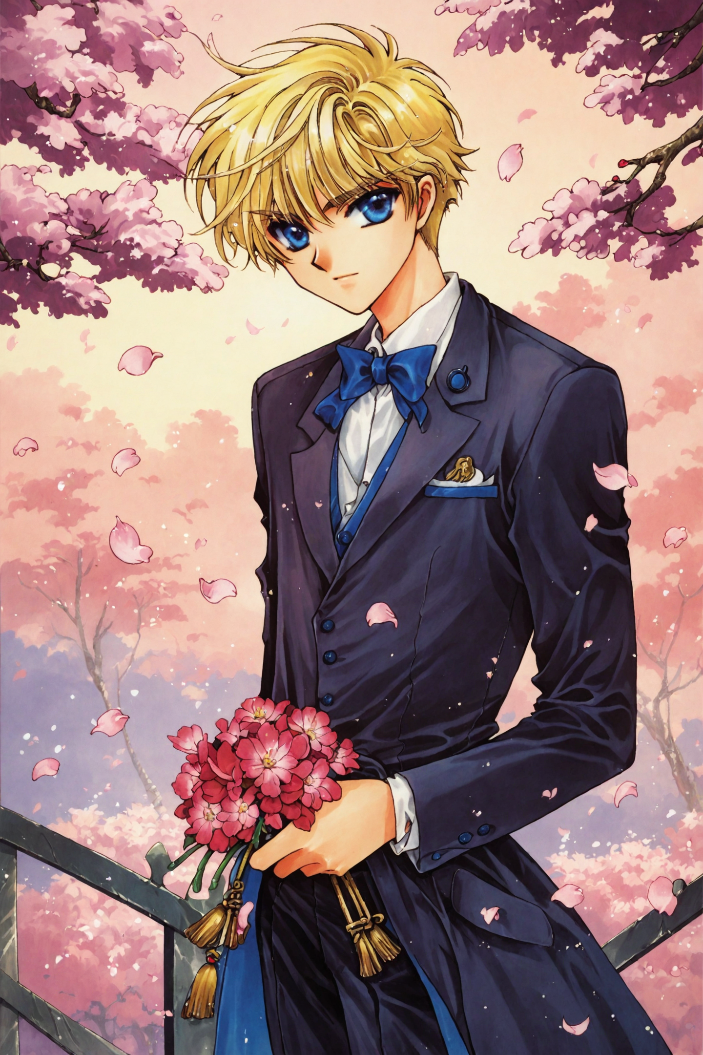 score_9,score_8_up,score_7_up,masterpiece,best quality,
Clamp School Detectives,
Nokoru Imonoyama,1boy,solo,blonde hair,blue eyes,short hair,cherry blossoms,petals,1990s \(style\),retro artstyle,flower,formal,colored_pencil_(medium),
<lora:CLAMP_XL_PONY:0.8>,