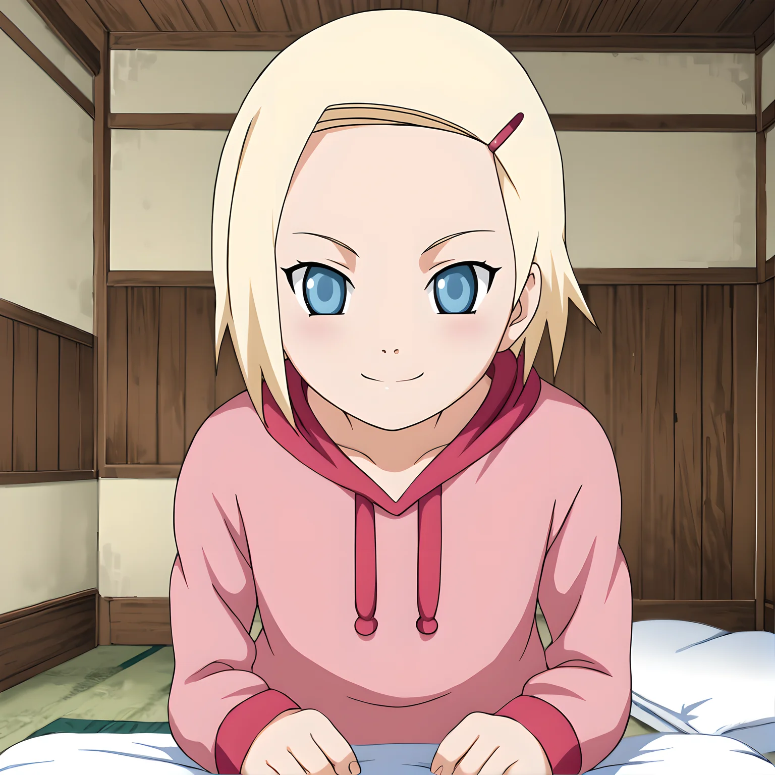 ino, hair ornament, hairclip, 1girl, solo, blonde hair, short hair, blue eyes, smile, looking at viewer, <lora:Ino_Yamanaka_Smol:0.9>
BREAK
level_9, level_8_up, level_7_up, source_anime, masterpiece,
BREAK
naruhodou_artstyle, <lora:Naruho-Dou_ArtStyle:0.7>
BREAK
inside, onesie, sleepwear