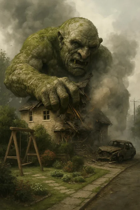 a terrifying giant stone troll covered in moss, its menacing head visible, crushing a house with its massive hand, amidst a detailed garden with a swing, a street with a wrecked car, with significant smoke and dust billowing from the destruction, hyper realistic style