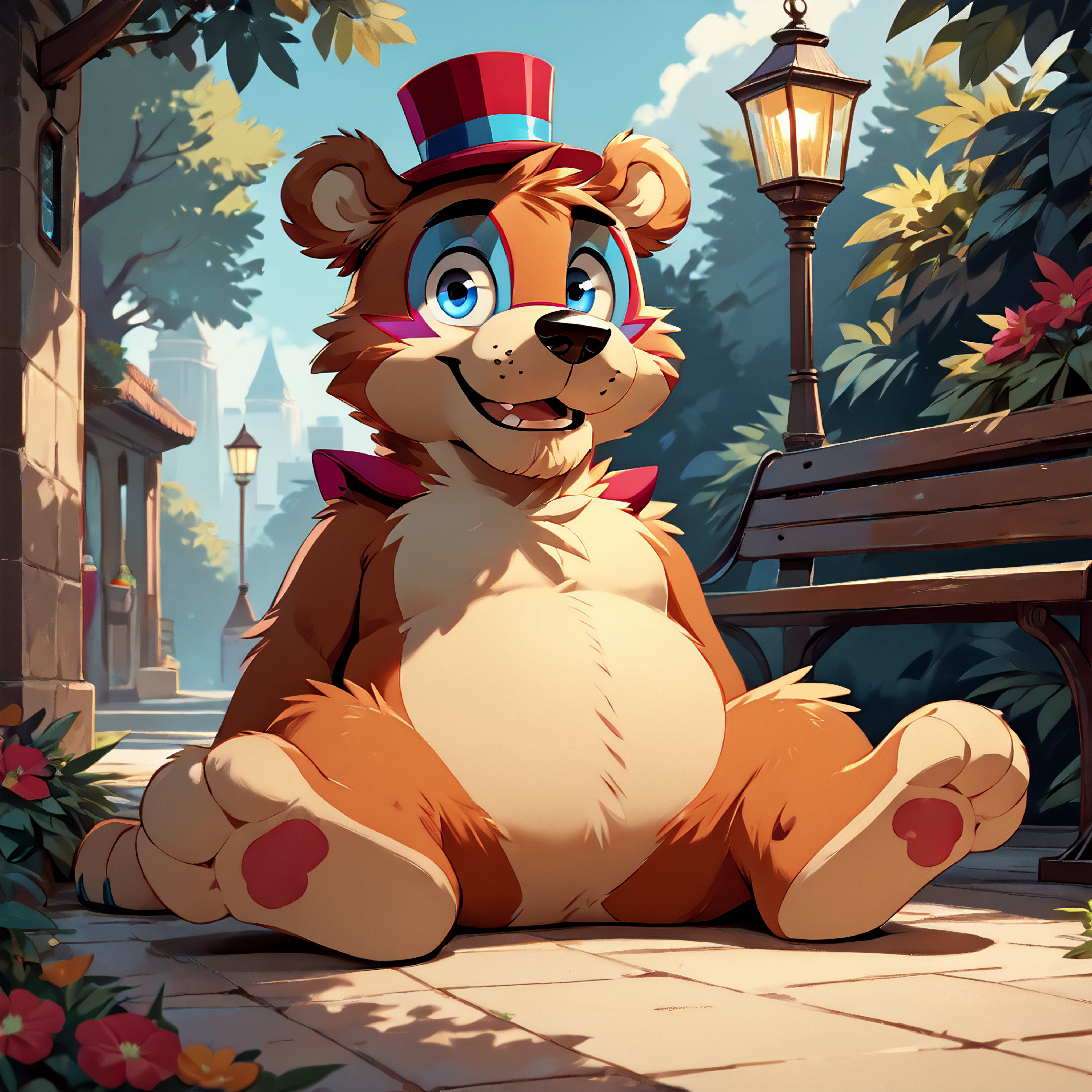 <lora:bigfreddy_ponyxl-10:1>  score_9_up, score_8_up, score_7_up, source_cartoon, best quality, masterpiece, outsude, park, park background, (bigfreddy), bear ears, solo, (looking at viewer), perfect body,  (perfect anatomy),  fluffy paws, (fluffy paws), detailed ears, detailed hands, detailed body, perfect body, (detailed hands), toony hands, toony body, toony head, zPDXL3, detailed hat,  male focus,  nice background, (flat chest), fluffy head:0.8, looking at viewer
 <lora:zy_Detailed_Backgrounds_v1:1.0>  <lora:HandFixer_pdxl_Incrs_v1:0.5>