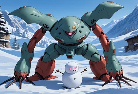 score_9, score_8_up, score_7_up, source_anime, front view, BREAK, ( hygogg, grey_hygogg_armor, black hygogg, pink monoeye, looking at viewer, leaning forward, long arms, very long arms, long claws) 1mech, red mech, wide mech, large shoulders, large shoulder armor, mech focus, solo, BREAK, in snow, making snowman, wearing knit cap, waving, arm raised, two arms, suburban,