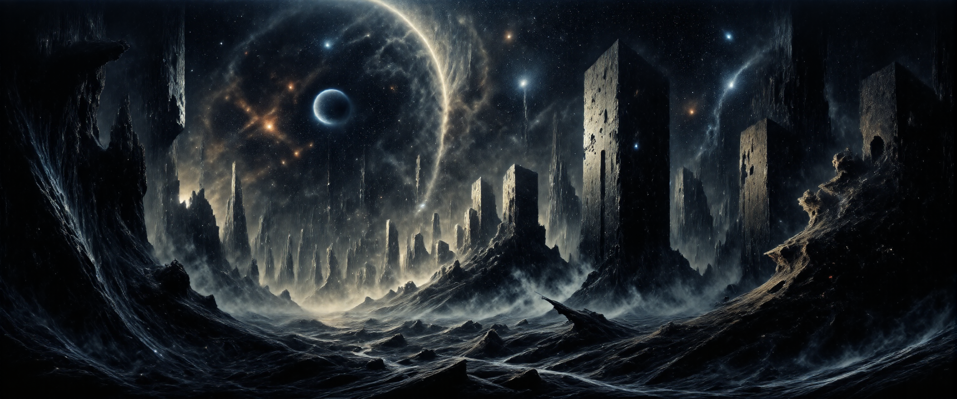 when the master shakes the heavens, 
when the luminaries hide, 
we call upon the absolute, 
tainted skies, 
when the wind repeats the motion, 
and the raging sea abides, 
we gaze upon the shadows, 
in a tainted sky, james webb space telescope, nebula, <lora:james_webb_space_telescope-flux-by_motimalu:0.32> <lora:style-veil_of_darkness-flux-by_donmischo:0.52> <lora:style-dark_landscapes-flux-by_andreac75:0.96> <lora:style-fantastic_landscapes-flux-by_artifyai:0.96> <lora:image_enhancer-flux-by_dever:1.0>