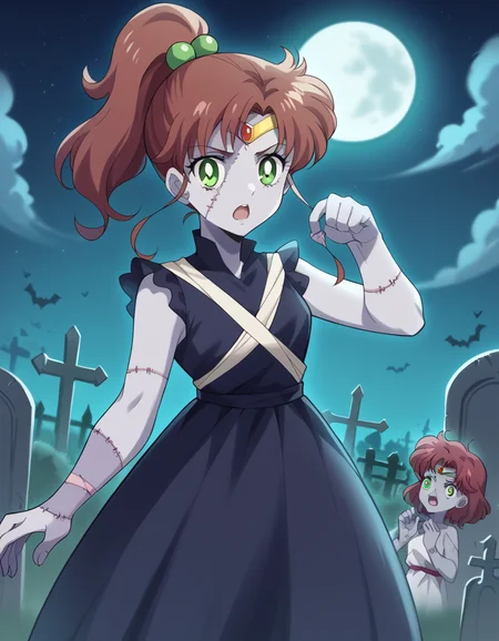 score_9, score_8_up, score_7_up, source_anime, <lora:makoto-kino-eternal-movie1-ponyxl-lora-nochekaiser_r1:1>, makoto kino, brown hair, circlet, green eyes, hair bobbles, hair ornament, medium hair, ponytail, sidelocks, parted bangs,, <lora:zombie-ponyxl-lora-nochekaiser:1>, zombie, colored skin, stitches, grey skin, multicolored skin, stitched face, zombie pose, halloween, halloween costume,, night, moon, graveyard, tombstone, grave, open mouth,, looking at viewer