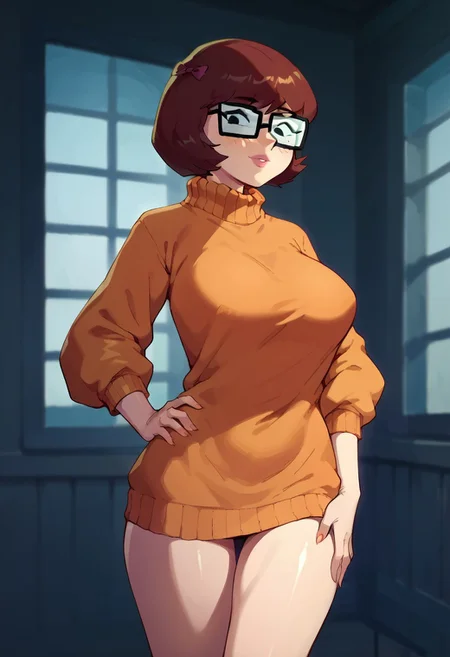 score_9, score_8_up, score_7_up, score_6_up, source_cartoon, 1girl, solo,
large breasts, sexy hips, shiny skin,
delscoob, velma, large breasts, sweater, hand on hip, looking at viewer