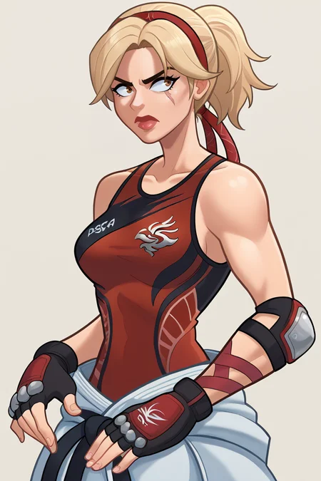 score_9, score_8_up, score_7_up, BREAK,  <lora:demondeals-guy-PONYv1:1>, 1girl, solo, breasts,  <lora:edgLidiaTekkenPony:0.95> edgLidia,fingerless gloves,scar across one eye,ponytail,red hairband,black karate belt,clothes around waist,dougi,tank top