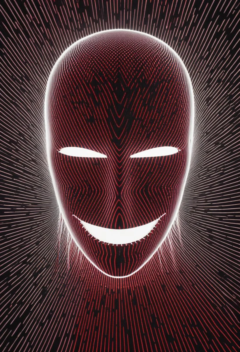 Bw-grignani, teeth Closeup, backlight, An Abstract surreal n Abstract surreal colorful simple painted Guy Fawkes mask cyborg spacegirl with long translucent luminous glowing White/red vibrant hair throughout the frame, high collar, blushed smiling, in Outer space, made of lines, vertical lines, horizontal lines, Portrait Made of intertwining lines, weaving over and under each other throughout the frame, emphasis effect, moire effect, awash in colorful shades, seamlessly extends the lines