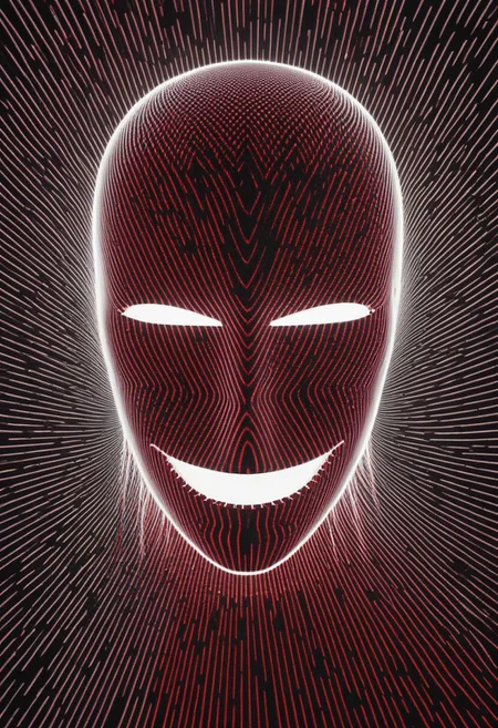 Bw-grignani, teeth Closeup, backlight, An Abstract surreal n Abstract surreal colorful simple painted Guy Fawkes mask cyborg spacegirl with long translucent luminous glowing White/red vibrant hair throughout the frame, high collar, blushed smiling, in Outer space, made of lines, vertical lines, horizontal lines, Portrait Made of intertwining lines, weaving over and under each other throughout the frame, emphasis effect, moire effect, awash in colorful shades, seamlessly extends the lines