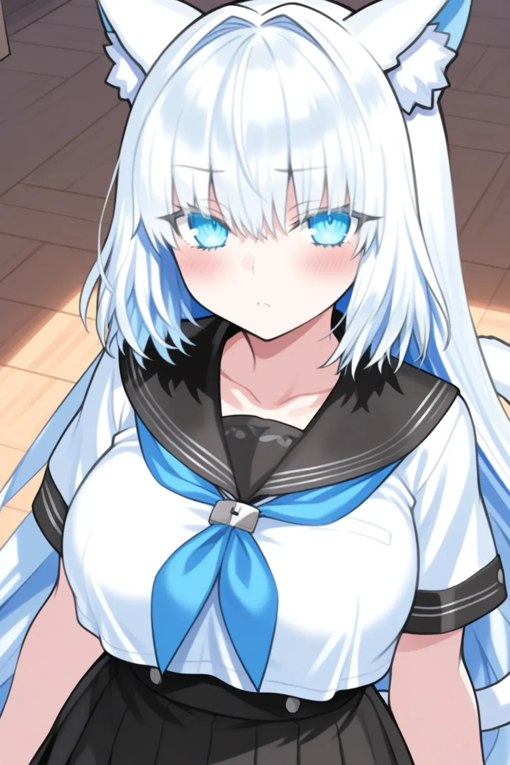 <lora:f1g1o_do6rynya_nik1tich_ilxl:0.8>masterpiece, best quality, f1g1o_do6rynya_nik1tich_ilxl, 1girl, solo, (serafuku:2), upper body, blush, looking at viewer, from above, black skirt, cat tail, from front, large breasts