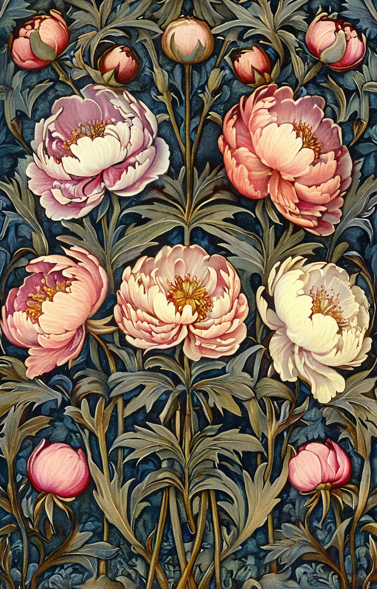 masterpiece,best quality,<lora:tbh192-sdxl:0.9>,illustration,style of William Morris decaying peonies