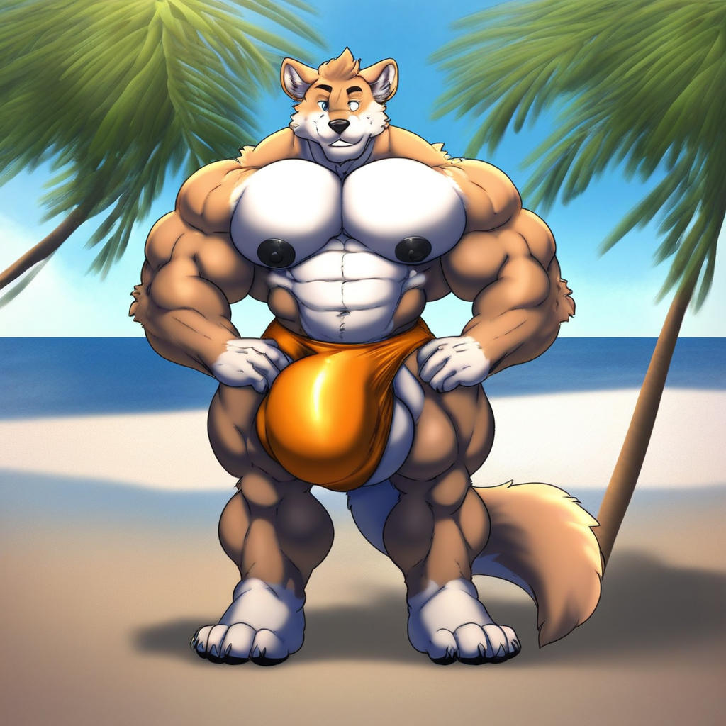 Muscular male, furry, male swimwear, solo, sexually explicit swimwear, standing, outside, beach, hyper bulge