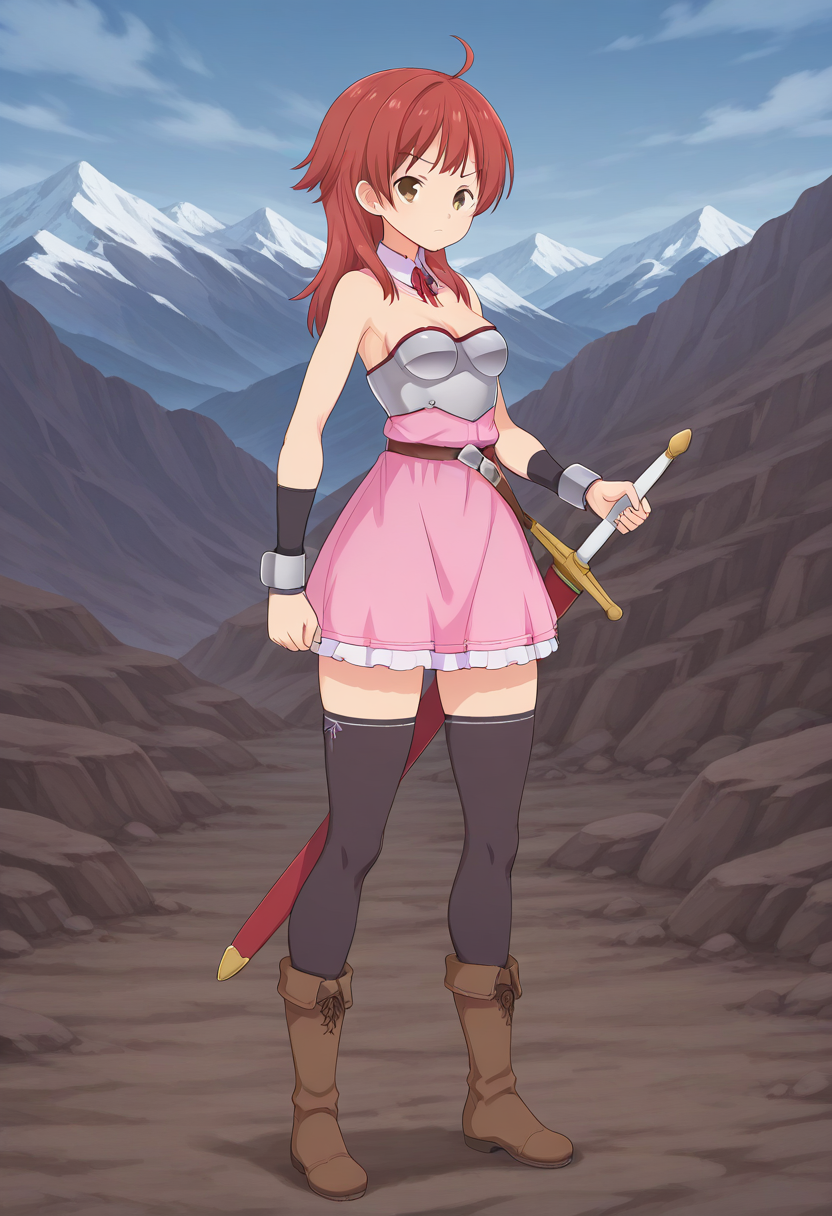 1girl, solo, hannalbdilus, red hair, medium hair, ahoge, brown eyes, detached collar, pink strapless dress, armor, arm_guards, bracers, breastplate,, medium breasts, thighhighs, boots, holding sword, sheath, serious, standing, full body, outdoors, mountains, looking at viewer, straight-on