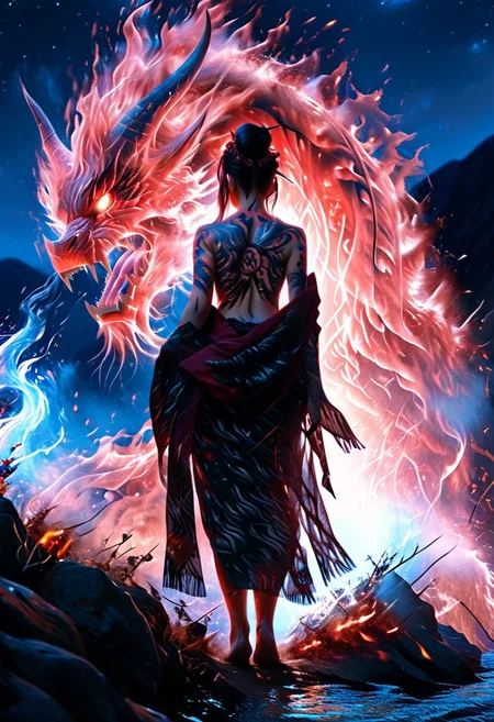 score_9, score_8_up, score_7_up. BREAK. Translucent, 8k, (ultra detailed:1.4), back view, irezumi, looking away, standing, on top of mountains, 1female, (full-body tattoo:1.9), black hair updo, hair ornaments, <lora:tatoo:1>, translucent black/red tatoo, kimono, black yukata, red sash, obi, pulled yukata, night, lunar eclipse, detailed gigantic dragon composed of blue fire elements roaring in front of the female face, fire element, cinematic light, very aesthetic, absurdres, incredibly absurdres, subsurface scattering, detailed skin, detailed tatoo, glowing,