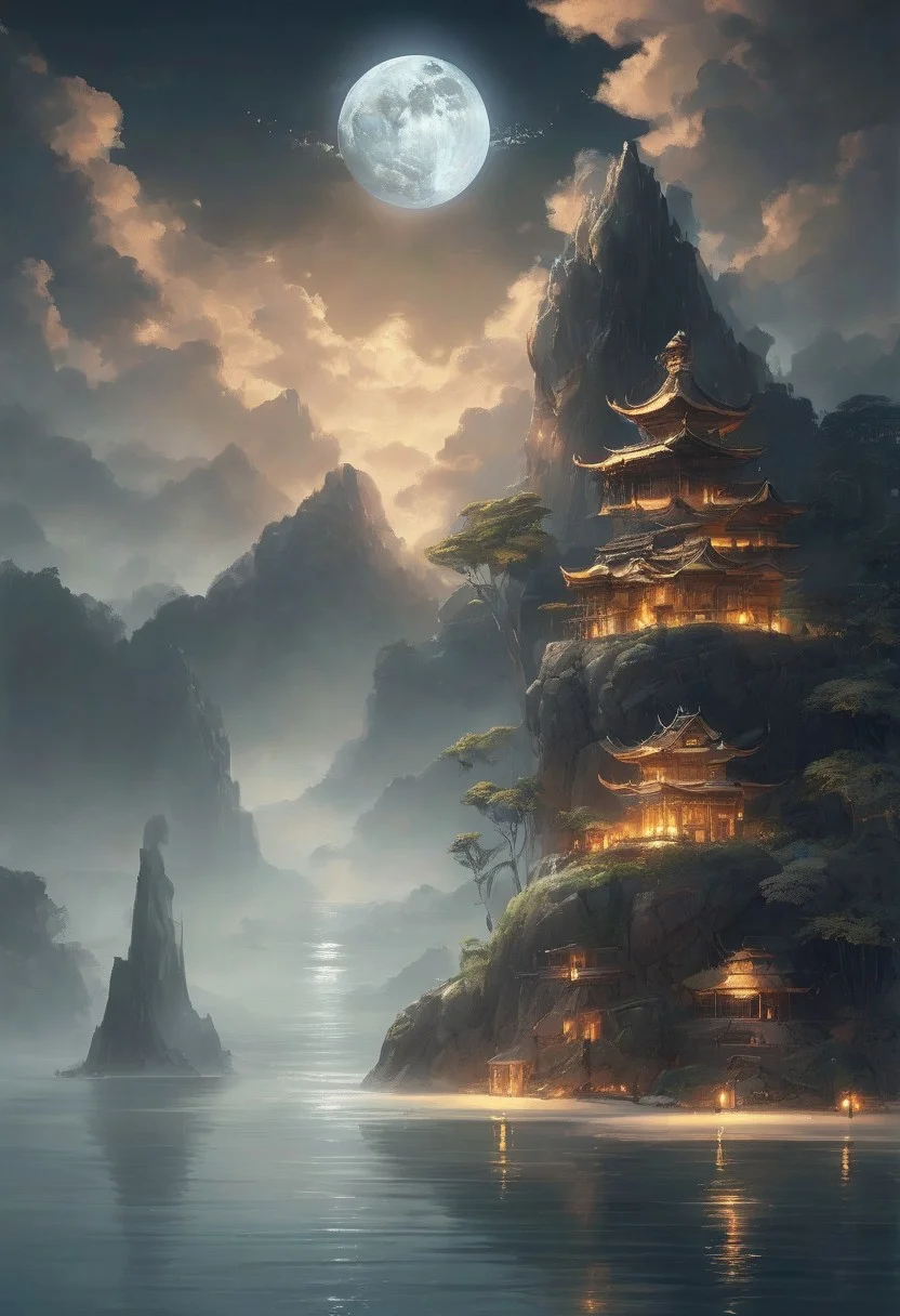 sparkling ocean, ((floating island)), ((giant turtle flying in the sky)), turtle in the sky,, ((island on back of turtle)), side by night, full illuminating moon, reflection, shadow Palms, mountains, buddha temple, masterpiece, best quality, double exposure, realistic, whimsical, fantastic, splash art, intricate detailed, hyperdetailed, maximalist style, photorealistic, concept art, sharp focus, harmony, serenity, tranquility,
mysterious glow,
ambient occlusion, halation, cozy ambient lighting, dynamic lighting,masterpiece, liiv1, linquivera, metix, mentixis, masterpiece, award winning,
