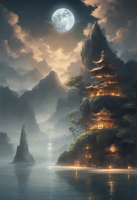 sparkling ocean, ((floating island)), ((giant turtle flying in the sky)), turtle in the sky,, ((island on back of turtle)),  side by night, full illuminating moon, reflection, shadow Palms, mountains, buddha temple, masterpiece, best quality, double exposure, realistic, whimsical, fantastic, splash art, intricate detailed, hyperdetailed, maximalist style, photorealistic, concept art, sharp focus, harmony, serenity, tranquility,
mysterious glow, 
ambient occlusion, halation, cozy ambient lighting, dynamic lighting,masterpiece, liiv1, linquivera, metix, mentixis, masterpiece, award winning,