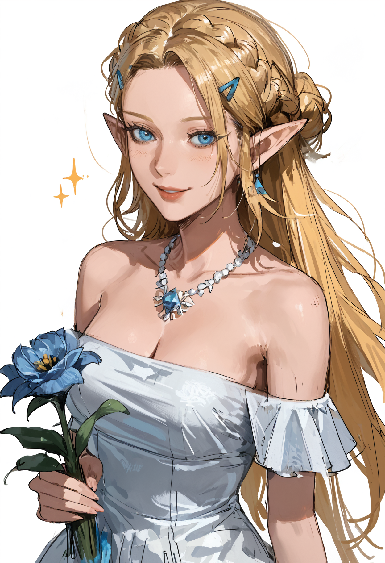 score_9, score_8_up, score_7_up, score_6_up, score_5_up, score_4_up,
 <lora:ValoraV2:1> v4l0r4,
, 1girl, solo, long hair, breasts, looking at viewer, smile, blue eyes, blonde hair, hair ornament, dress, holding, cleavage, jewelry, bare shoulders, upper body, braid, flower, small breasts, pointy ears, hairclip, white dress, necklace, lips, strapless, sparkle, strapless dress, blue flower, holding flower, princess zelda