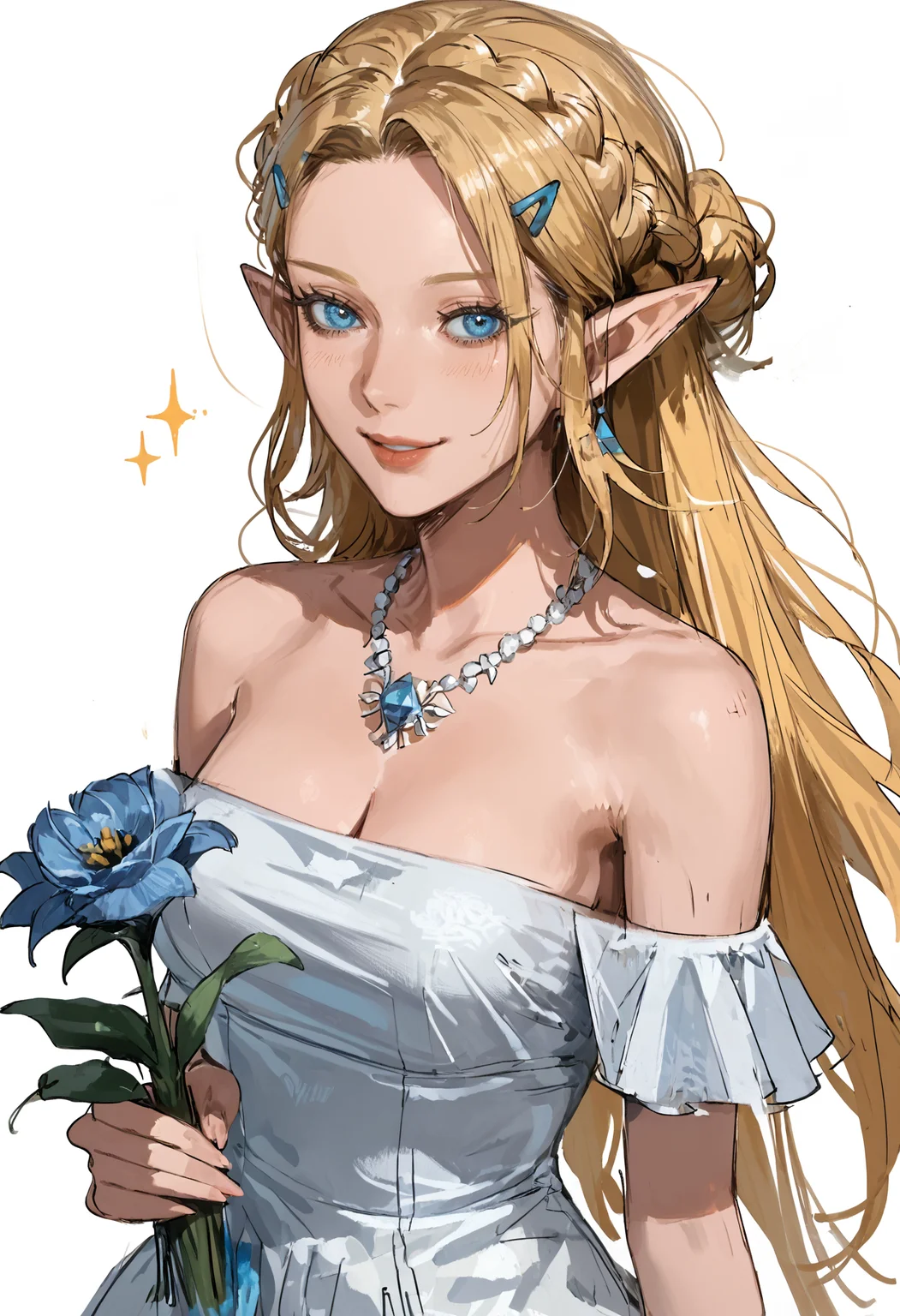 score_9, score_8_up, score_7_up, score_6_up, score_5_up, score_4_up,
<lora:ValoraV2:1> v4l0r4,
, 1girl, solo, long hair, breasts, looking at viewer, smile, blue eyes, blonde hair, hair ornament, dress, holding, cleavage, jewelry, bare shoulders, upper body, braid, flower, small breasts, pointy ears, hairclip, white dress, necklace, lips, strapless, sparkle, strapless dress, blue flower, holding flower, princess zelda