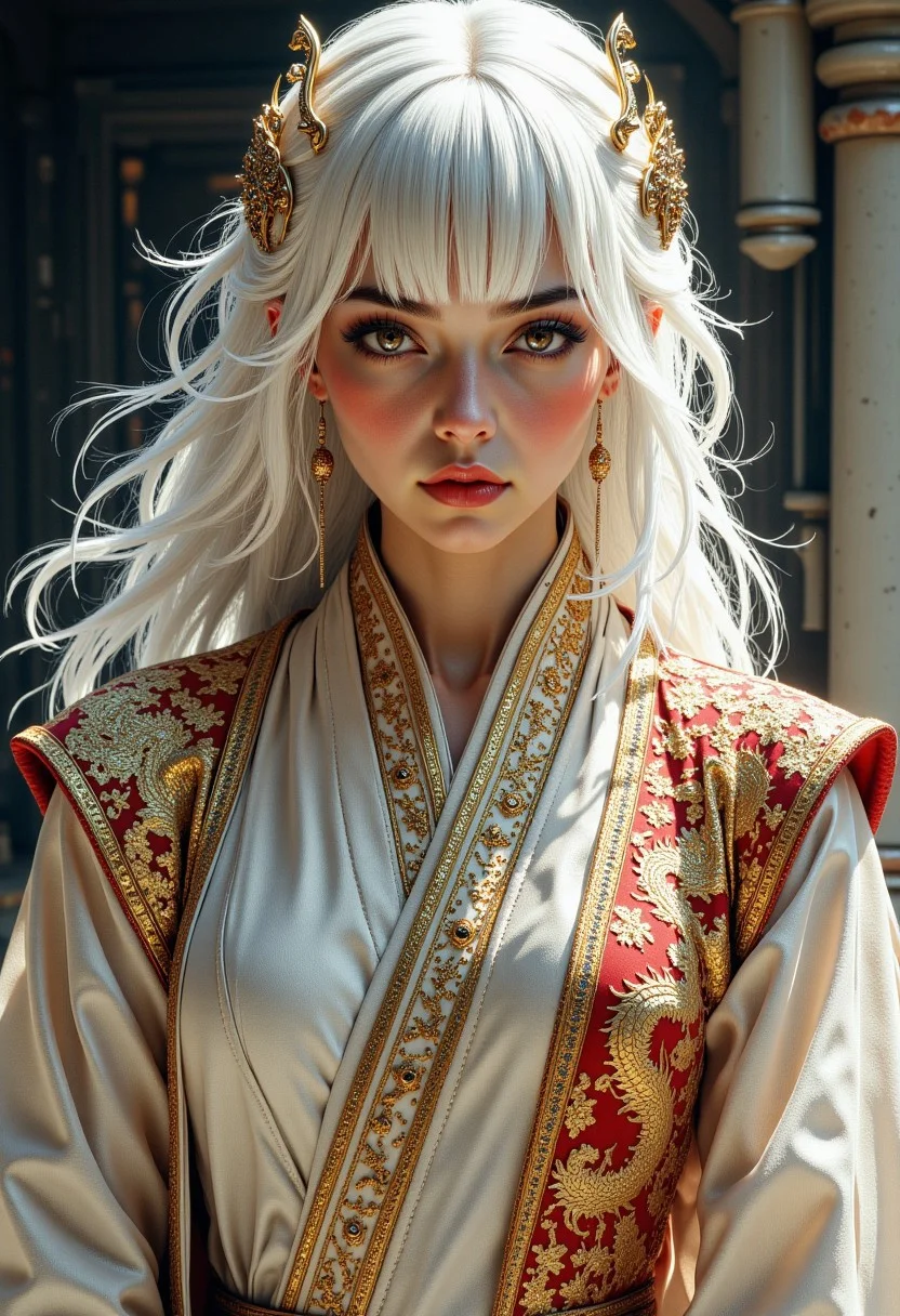 in the style of ck-ncr, in the style of ck-mgs, portrait of a japanese sci-fi galactic empress, long platinum hair, bangs, sidelocks, dark eyeshadow, sheer figure-hugging robes with eastern dragon motif, red lips, directional light, sci-fi palace