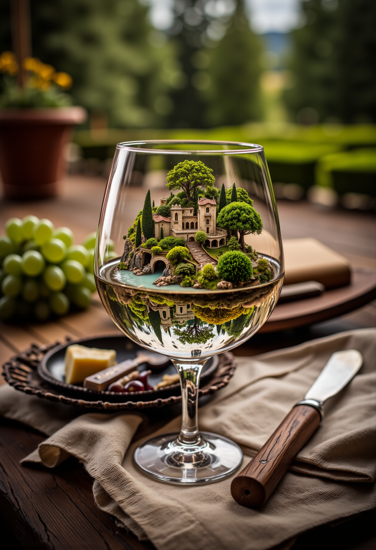 A close up detailed photo of a wine glass siting on a rustic table at a farmhouse in Tuscany, inside of the wine glass is another world and a miniature vineyard and Tuscan villa, on the table next to the glass are some grapes an ornate plate a knife a cloth napkin and some cheese, aidmaHyperrealism, <lora:aidmaHyperrealismv0.3:0.8> <lora:FluxDFaeTasticDetails:0.8>