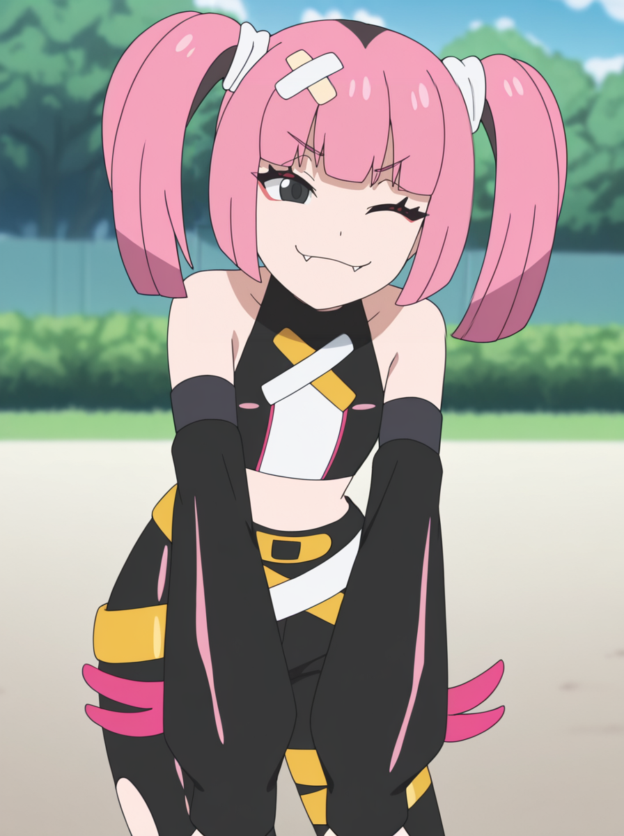 masterpiece, best quality, amazing quality, very aesthetic, absurdres, newest, anime screenshot anime coloring,
<lora:SangoMegaVoltage:0.8>sangomegavoltage, 1girl, bandaid on head, pink hair, solo, twintails, bangs, black eyes, fang,  detached sleeves, crop top, bare shoulders ,   torn pants dancing smile, wink  outdoors v_sign,