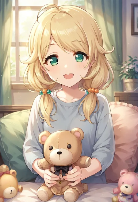 score_9, score_8_up, score_7_up, source_anime,yusa kozue, blonde hair, green eyes, twintails, 1girl, smile, ahoge, open mouth, shirt, low twintails, stuffed toy