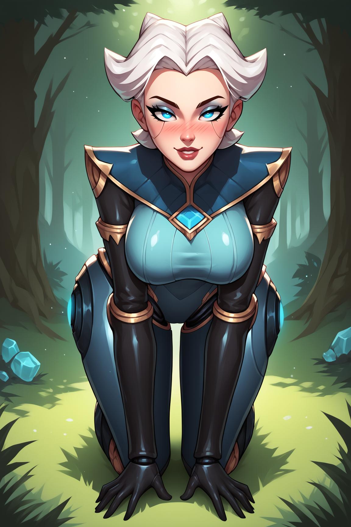 score_9, score_8_up, score_7_up, score_6_up, BREAK, CarmilleLoLPXL, blue eyes, white hair, short hair, wide hips, large breasts, blue gem, blue bodysuit, elbow gloves, black gloves, robot joints, solo, full body, all fours, seductive smile, looking at viewer, naughty face, nose blush, forest, tree <lora:CarmilleLoLPXL:0.8>