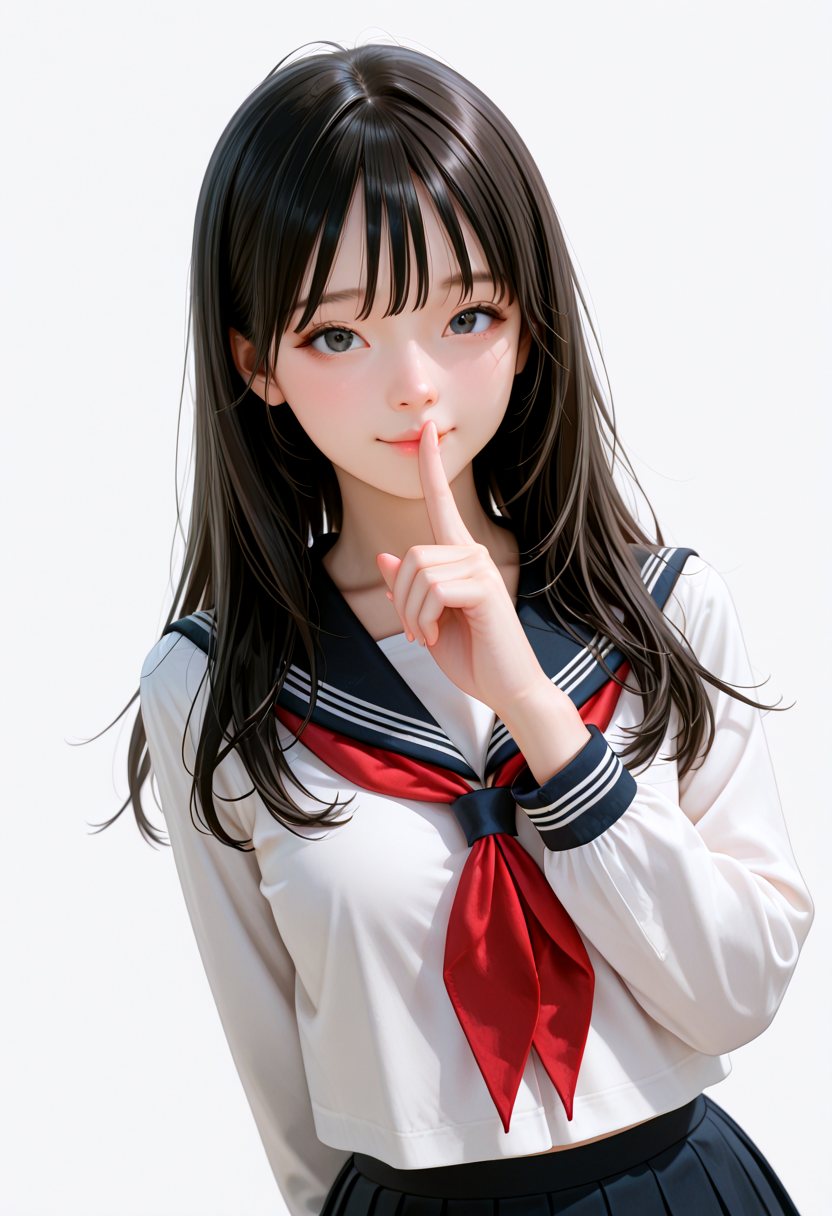 IllusP0s, masterpiece, best quality, amazing quality, very aesthetic, absurdres, newest, ((dynamic angle:1.4)), (detailed eyes),((ultra detailed hair:1.4))
BREAK
1girl, 1girl, ka0ru-1zud,black eyes, long hair,
(serafuku:1.3), white blouse, dark blue pleated skirt, red neckerchief,
BREAK
((blank background)) ((upper body)),straight-on, shushing, Cheerful
  <lora:Kaoru_-_Izu_Dancer_-_AI_Challenge:0.5>