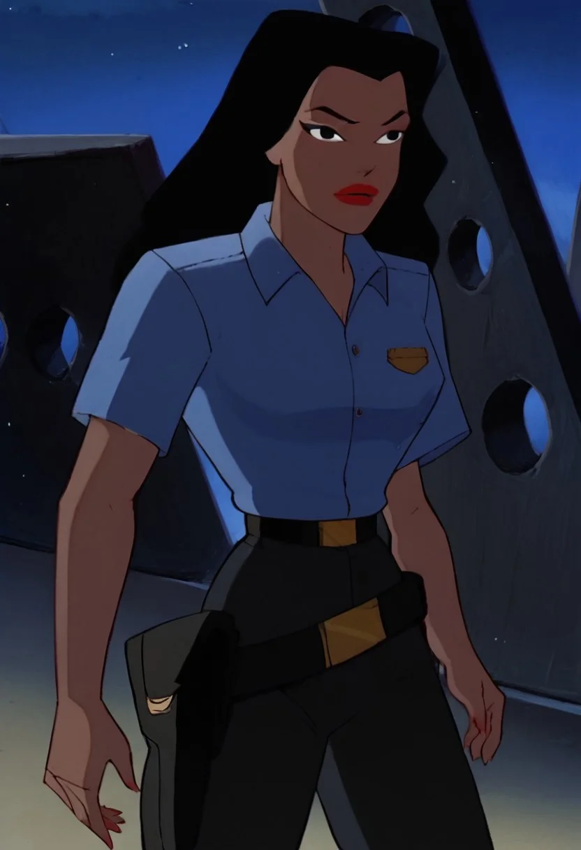 safe_pos, score_9, score_8_up, score_7_up, 1girl, solo, lipstick, black hair, black eyes, breast, blue shirt, short sleeves, belt, black pants, dark skin, GinaSA, close-up