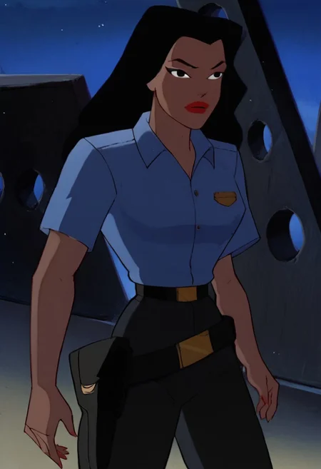 safe_pos, score_9, score_8_up, score_7_up, 1girl, solo, lipstick, black hair, black eyes, breast, blue shirt, short sleeves, belt, black pants, dark skin, GinaSA, close-up