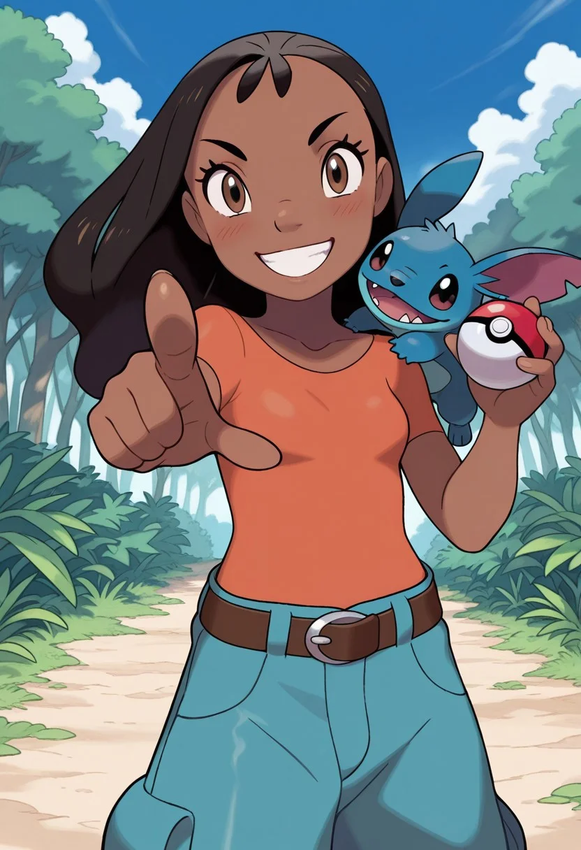 masterpiece, best quality, amazing quality, very aesthetic, absurdres, newest, detailed background, cowboy shot, 4k, 8k, outdoors, sugimori, jaggy lines,
nanixd, 1girl, solo, smile, v-shapped eyebrows, dark skin, black hair, dark-skinned female, shirt, long hair, grin, teeth, brown eyes, long eyelashes, blush, looking at viewer, demin, pants, baggy pants, belt, loose pants, Stitch on shoulder, holding, PokeBall, pointing at viewer, dynamic angle