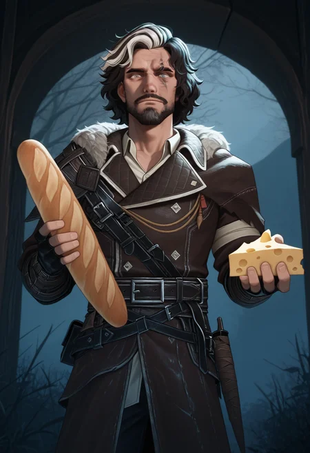masterpiece, best quality, amazing quality, <lora:verso_illustrious_byJaneB:1> versoe33, multicolored hair, scar across eye,
1boy, leather armor, fur trim, belt, holding cheese wheel, holding baguette,
<lora:afkArenaIllustrious:1> afkArenaStyle