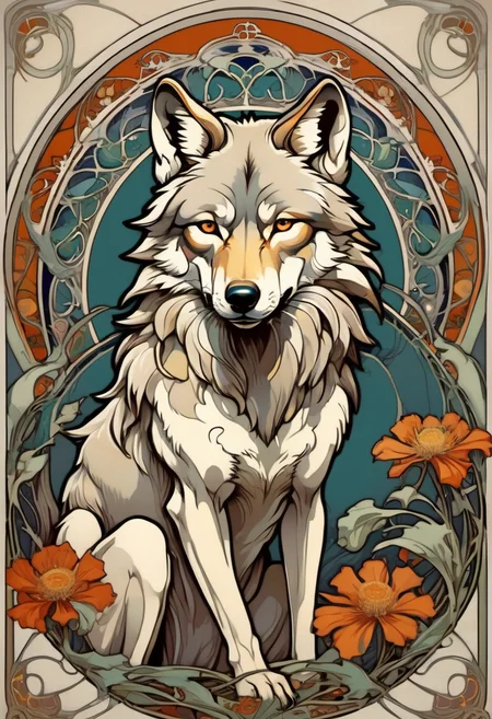 ccxl-mucha, art style, wolf  <lora:ccxl-mucha_lora_vA1:1>