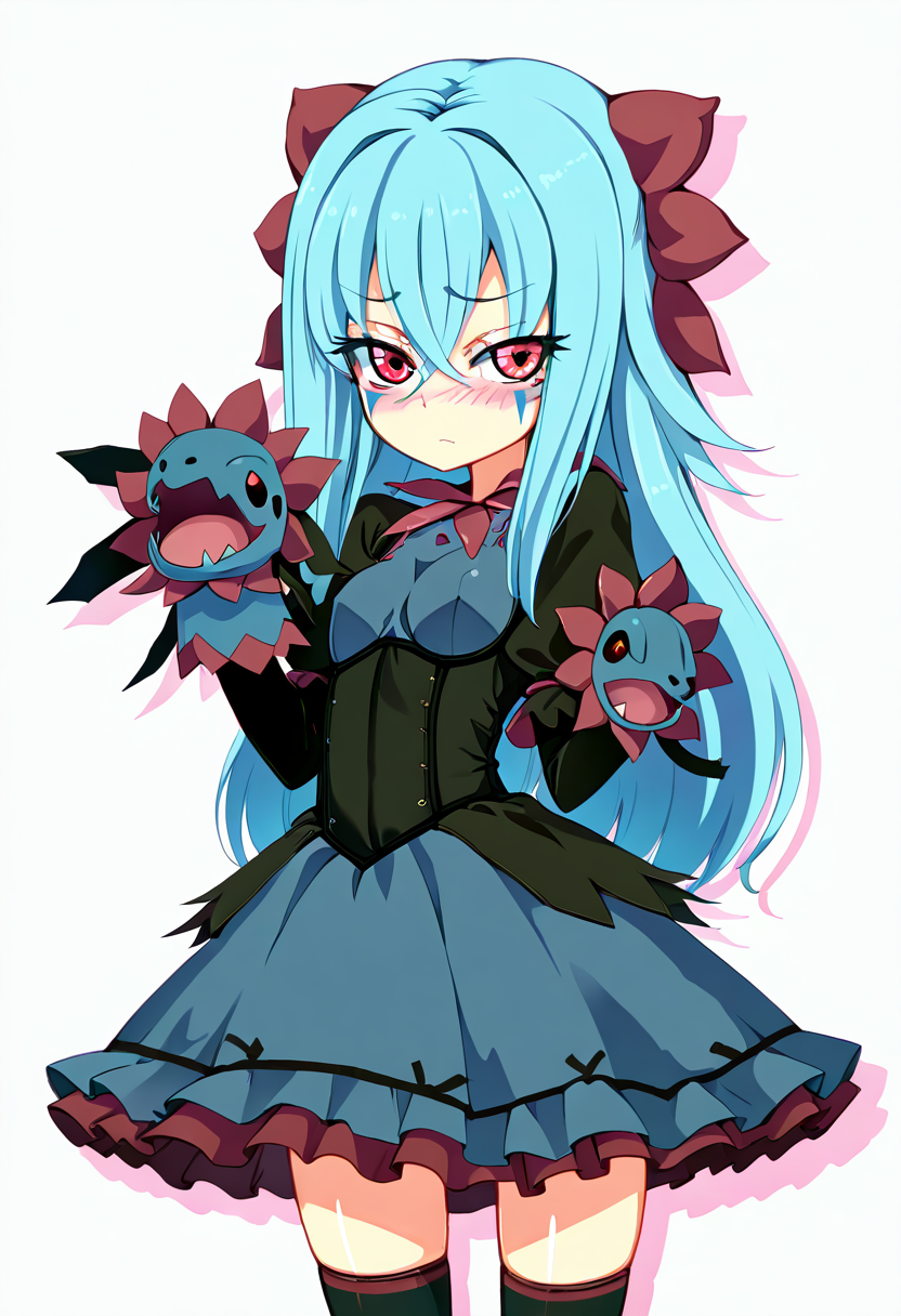 masterpiece, best quality, 1girl, solo, eyelashes, (beautiful eyes),     10s, 1girl, black socks, blue hair, blush, facial mark, female focus, cowboy shot, gen 5 pokemon, gothicl, hand puppet, hydreigon, kneehighs, zzLFashion, frilled dress, frills, bow, dress, long hair, moemon, nintendo, personification, pokemon, pokemon bw, puppet, red eyes, sazandora, simple background, socks, solo, thighhighs, white background, zettai ryouiki      ,<lora:HomuraSubaruNAI:1.0>,